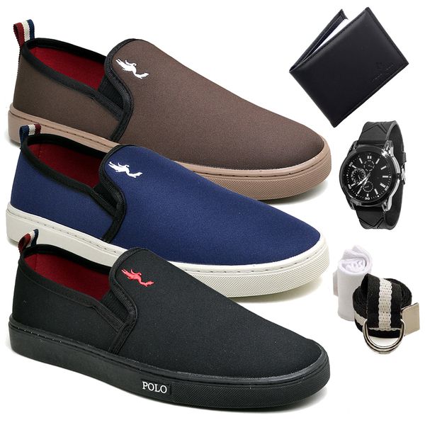 Kit 3 Pares Tenis Sapatenis Masculino Slip On Confortavel Facil de Calçar Sem Cadarço Carteira Relogio Cinto e Meia