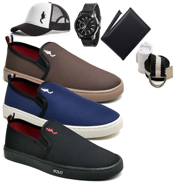 Kit 3 Pares Tenis Sapatenis Masculino Slip On Confortavel Facil de Calçar Sem Cadarço Carteira Relogio Cinto Meia E Bone