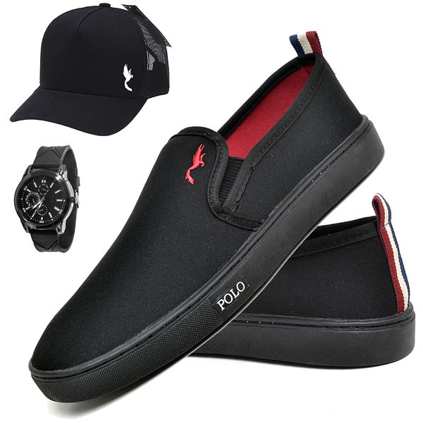 Kit Tenis Sapatenis Masculino Slip On Confortavel Facil de Calçar Sem Cadarço Bone e Relogio