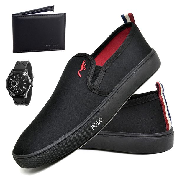 Kit Tenis Sapatenis Masculino Slip On Confortavel Facil de Calçar Sem Cadarço Carteira e Relogio