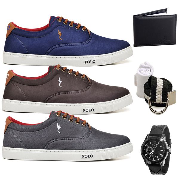 Kit 3 Pares Sapatenis Masculino Casual Cano Baixo Super Leve e Confortável Polo Blu Carteira Relogio Cinto e Meia