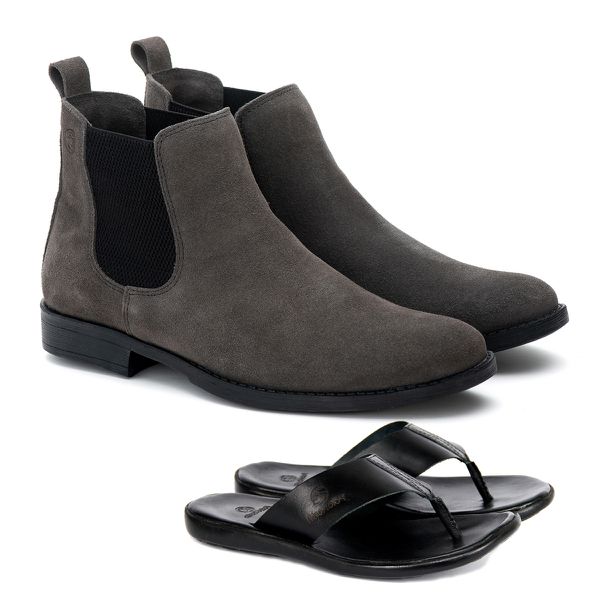 Kit Botina Chelsea Masculina Polo North Cinza + Chinelo Comfort Todo em Couro 