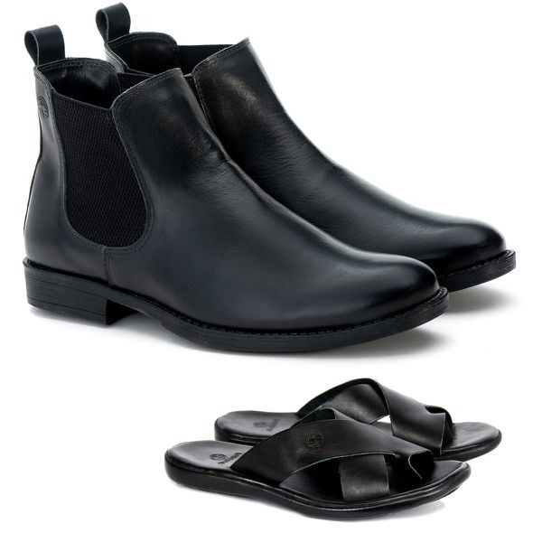 Kit Botina Chelsea Masculina Polo North Preto Liso + Sandália Comfort Todo em Couro