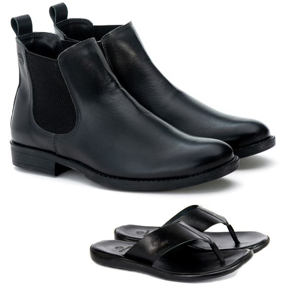 Kit Botina Chelsea Masculina Polo North Preto Liso + Chinelo Comfort Todo em Couro 