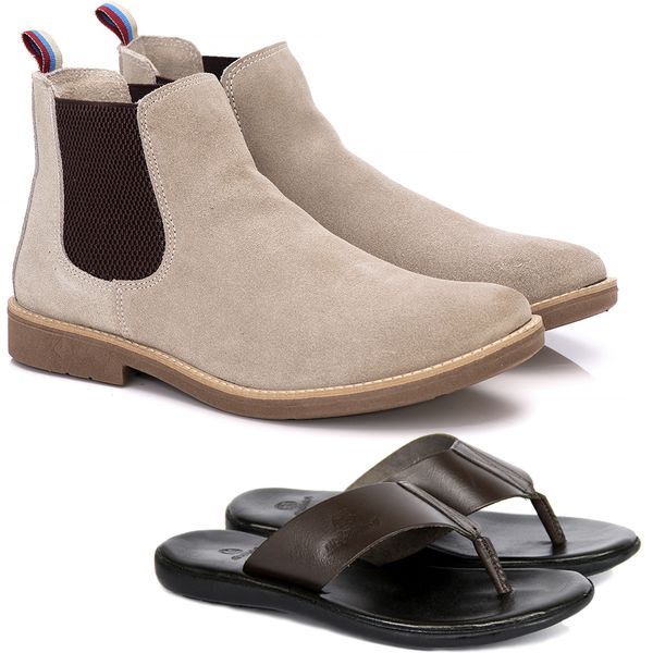 Kit Botina Chelsea Masculina Polo North Areia + Chinelo Comfort Todo em Couro 