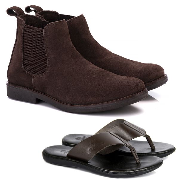 Kit Botina Chelsea Masculina Polo North Café + Chinelo Comfort Todo em Couro 