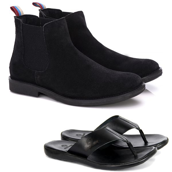 Kit Botina Chelsea Masculina Polo North Preta + Chinelo Comfort Todo em Couro 