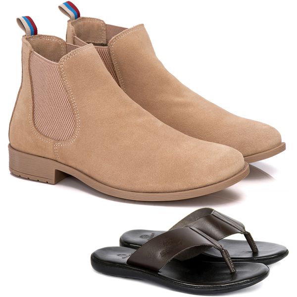 Kit Botina Chelsea Masculina Polo North Areia/Areia + Chinelo Comfort Todo em Couro 