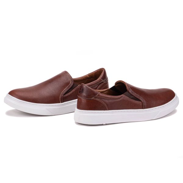 Tênis Slip On Masculino Couro Casual Dia a Dia Café