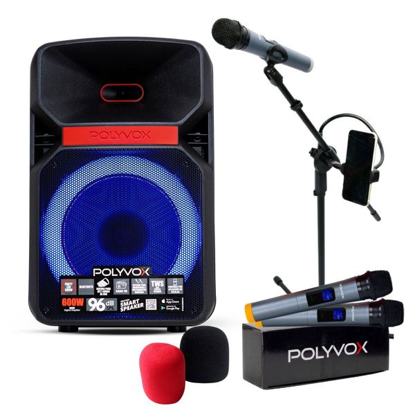 Caixa de Som Bluetooth XC-812T 600W + 2 Mic sem Fio Polyvox + Tripé/ Suporte para Microfone