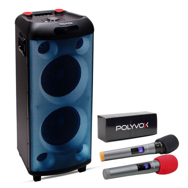 Kit Caixa de Som Amplificada Polyvox Torre XT-990 TWS Bluetooth Full Led 2000W + Microfones sem fio