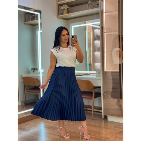 Saia midi shop plissada azul