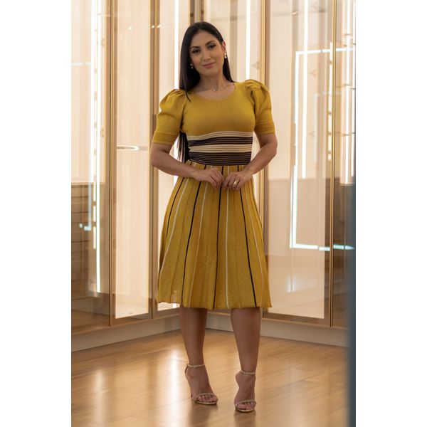 Vestido Celeste Tricot Dourado