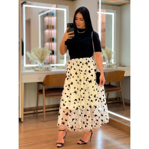 Saia Luara Off White E Preto
