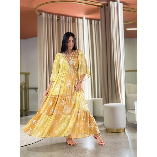 Vestido Eduarda Amarelo E Caramelo