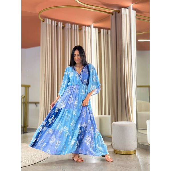 Vestido Eduarda Azul E Dourado