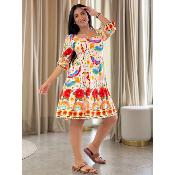 Vestido Marina Estampado Arara Off White E Vermelho