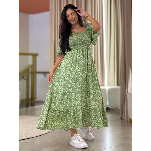 Vestido Maria Flor Verde E Branco