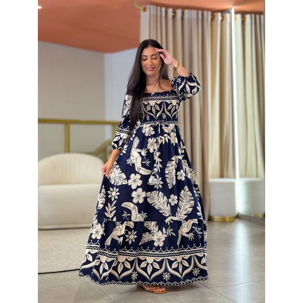 Vestido Paloma Floral Azul Marinho E Branco