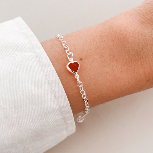 Pulseira De Prata Coração Vermelho 