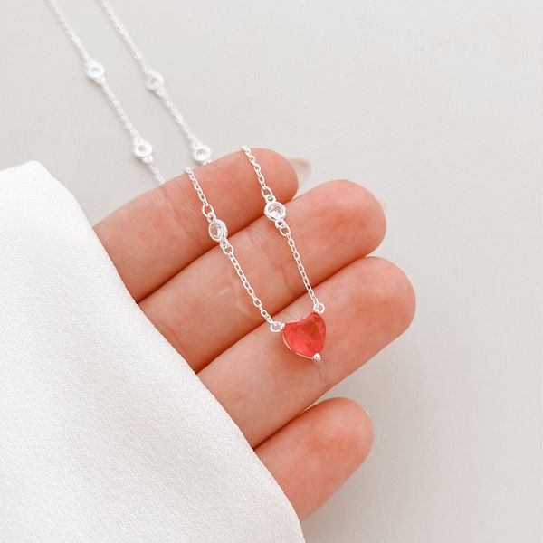 Colar De Prata Choker Coração Pink