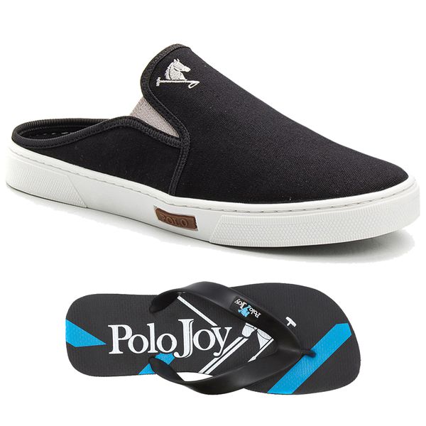 Kit Babuche Slip On Mule Polo Joy Com Chinelo Casual Preto