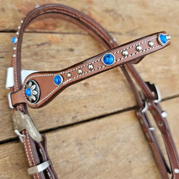 Cabecada Testa Couro Marrom Pedra Azul Com Afogador e Engate Rápido Cod.8515 - Protec Horse