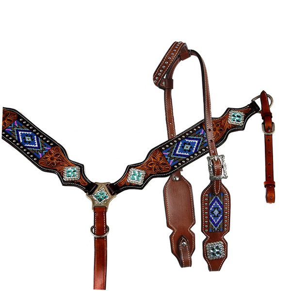 CONJUNTO DE CABECADA E PEITEIRA LARGA + LEVANTADOR BOOTS HORSE - MICANGA AZUL