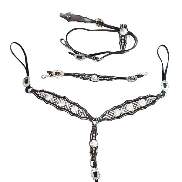 CONJUNTO CABEÇADA PEITEIRA LEVANTADOR PROTEC HORSE MARGARIDA STRAS E TACHA