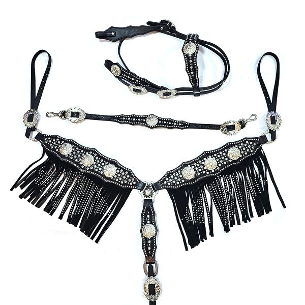 CONJUNTO CABEÇADA PEITEIRA LEVANTADOR PROTEC HORSE MARGARIDA STRAS TACHA E FRANJA