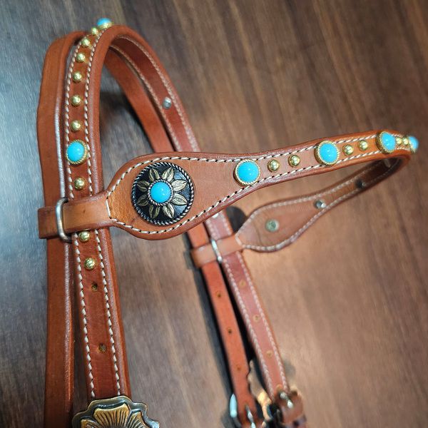 Cabecada Couro Marrom Pedra Azul Turquesa Cod.7507 - Boots Horse