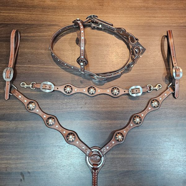 Conjunto Cabeçada Peiteira Levantador Couro Marrom Com Perolas & Pedrinhas Brancas Cod.8562 - Boots Horse