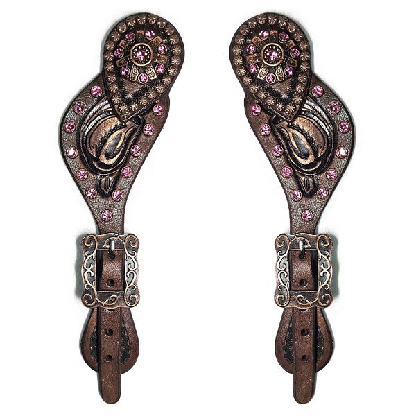 Correia De Espora Bordada Com Margarida e Strass Rosa - Master Selas