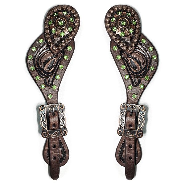 Correia De Espora Bordada Com Margarida e Strass Verde - Master Selas