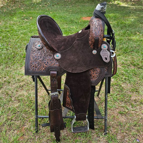 Sela Tambor Oficial Protec Horse Neoprene Bordado em Couro Floral Aba Quadrada #8189