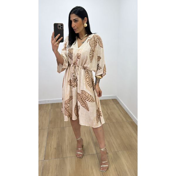 Vestido Ayla Folhagem Areia