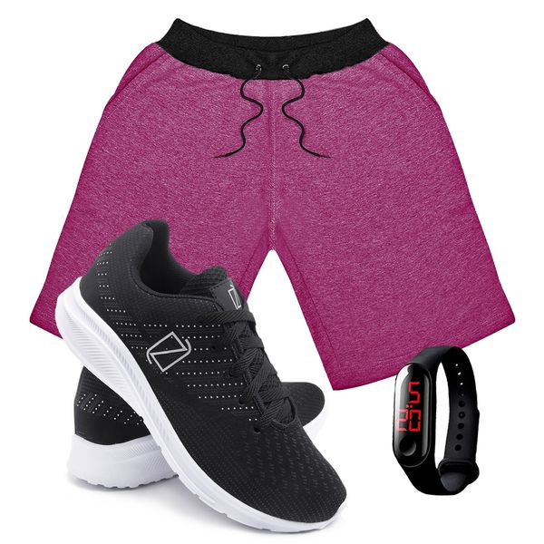 Kit Bermuda Moletom Masculina + Tenis Masculino Conforto + Relógio Digital [Rosa/PretoBranco] 