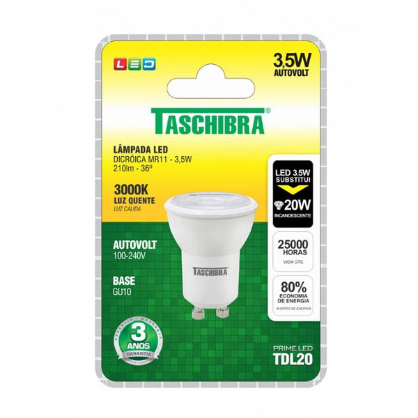 LÂMPADA LED DICROICA MR11 GU-10 3,5W 2700K BIVOLT BRANCO 8949 TASCHIBRA