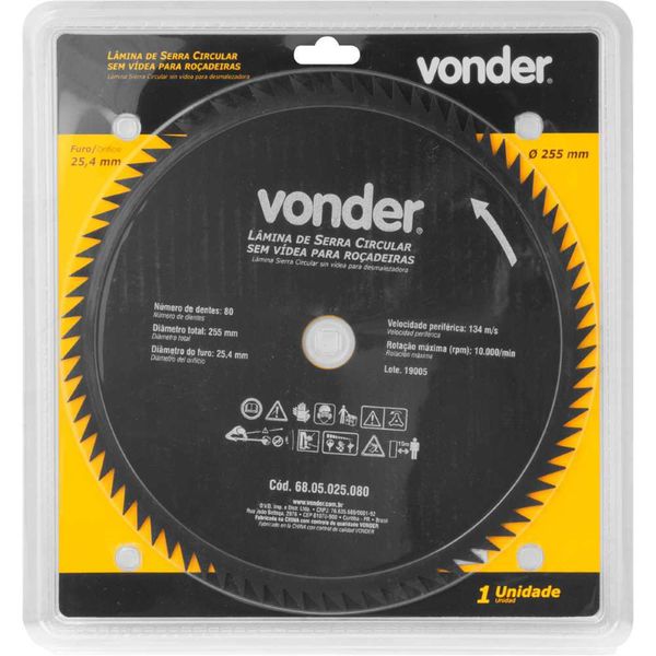 LÂMINA ROÇADEIRA CIRCULAR SEM VÍDEA 255X25,4MM 80 DENTES 68.05.025.080 VONDER