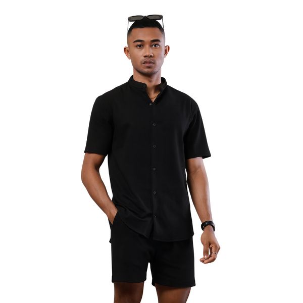Conjunto Camiseta Linho e Bermuda Linho Liso Preto