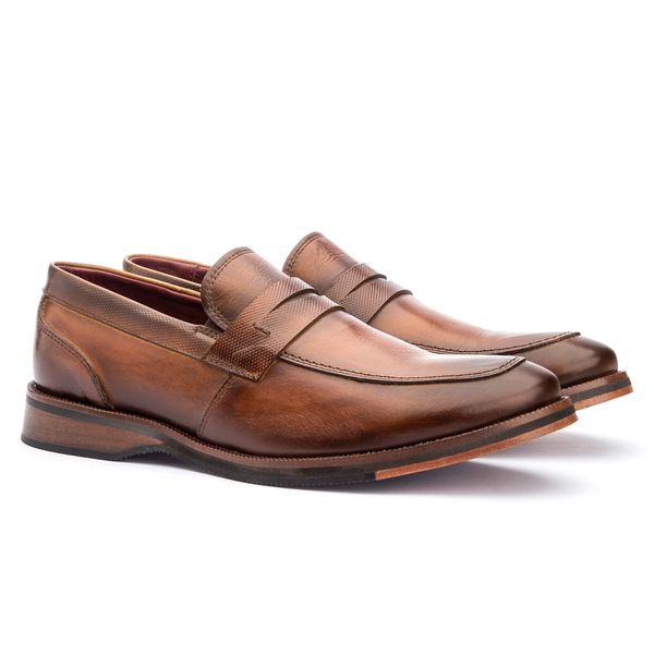 Sapato Masculino Loafer Sola De Couro com Borracha Look Caramelo