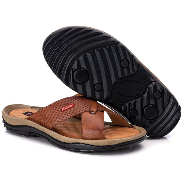 Chinelo Anti Stress Comfort Ransterine Masculino em Couro Caramelo