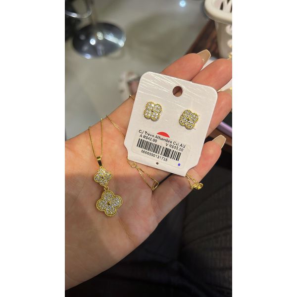 Conjunto Trevo Alhambra Cravejado Banhado A Ouro 18K