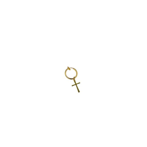 Brinco Único Cruz Fina Pendura Aço Dourado 