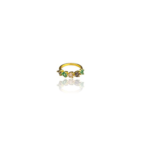 Anel Cinco Corações Colorido Zircônia Banhado A Ouro 18k