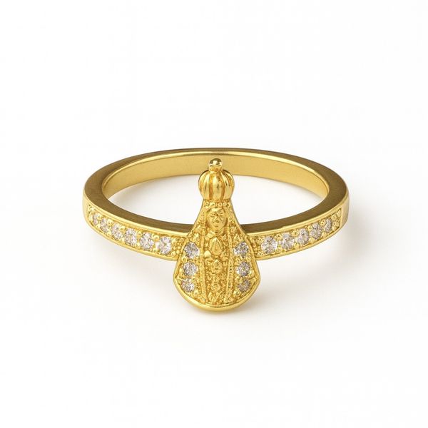 Anel Nossa Senhora Cristal Cravejado Banhado a Ouro 18K