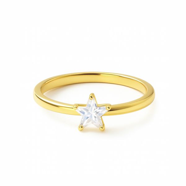 Anel Solitário Estrela Cristal Aço Dourado