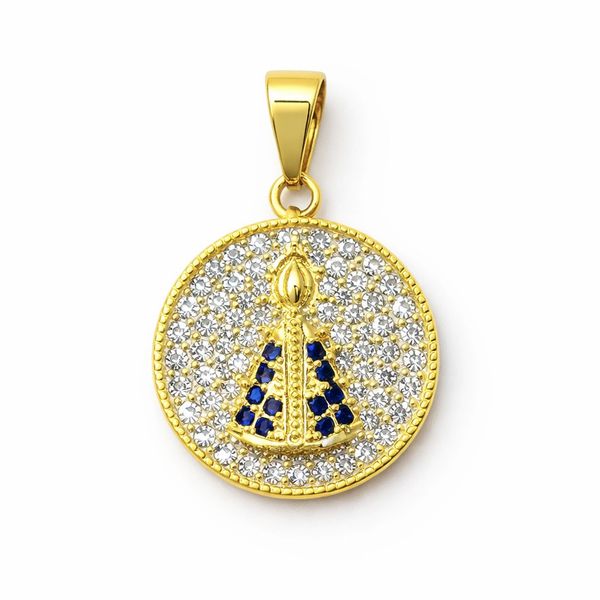 Pingente Nossa Senhora Redondo Cravejado Banhado a Ouro 18K