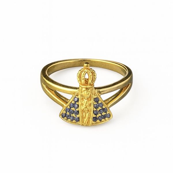 Anel Nossa Senhora Cravejado Azul Banhado a Ouro 18K