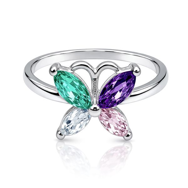 Anel Borboleta Colorido Quatro Pedras Zircônia Banhado a Prata 925